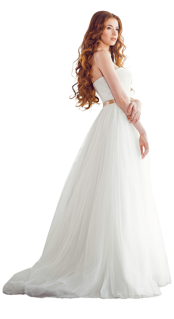 A beautiful bride in white dress is standing